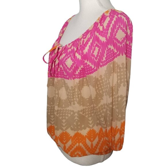 Trina Turk Pink Tan Orange Silk Blend Geo Print Drawstring Blouse Size Medium - Picture 3 of 10